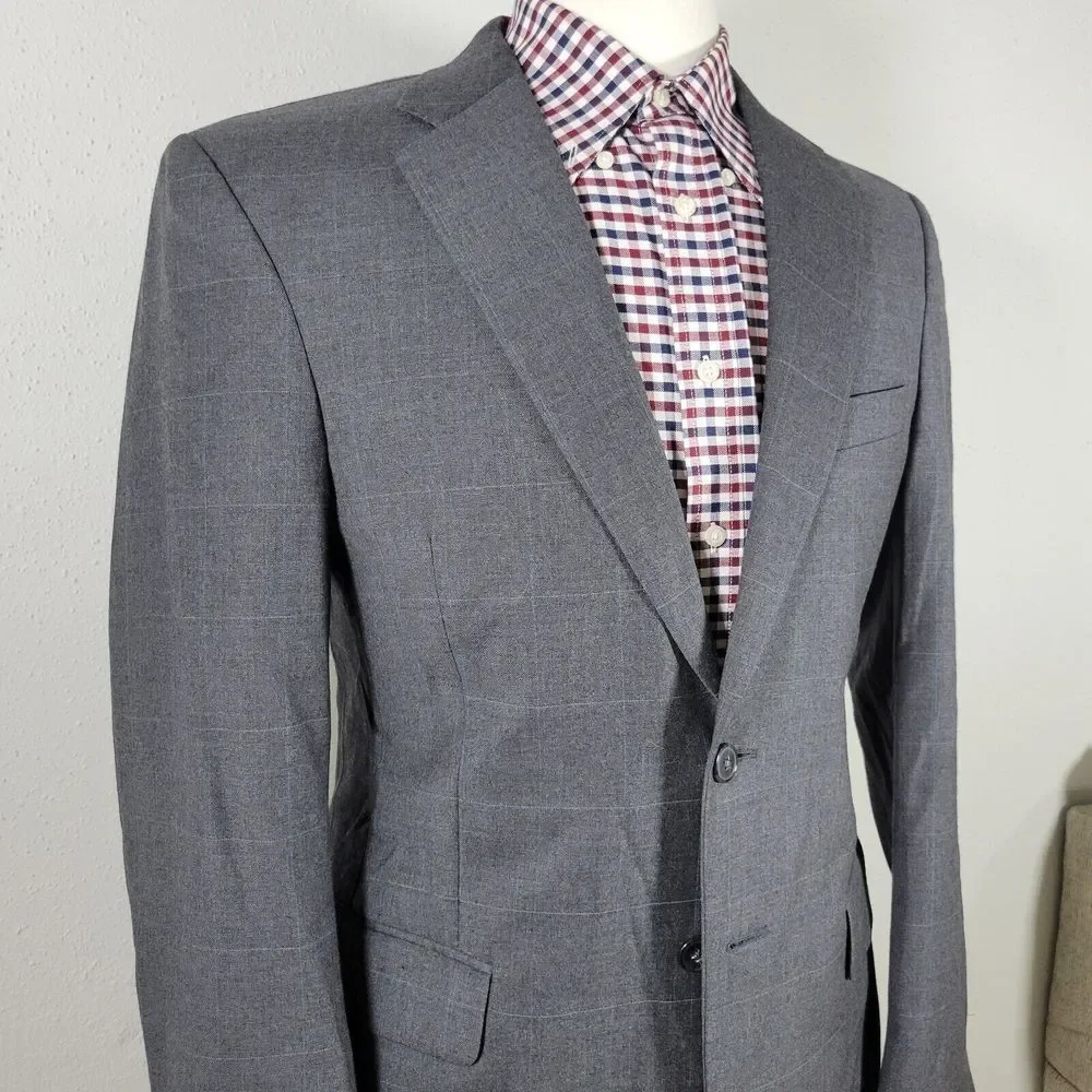 JOS‎ A BANK Model 810 Men's Sport Coat Blazer Two Button Gray Plaid Wool 38R